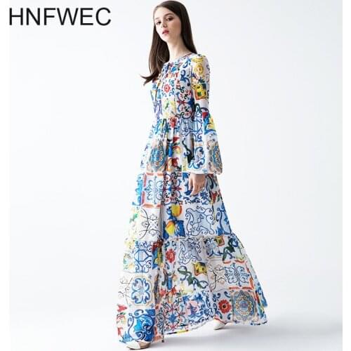 Europe 2020 Spring New Womens long Dress Print fashion Chiffon ladies Dress long sleeve women clothing V936