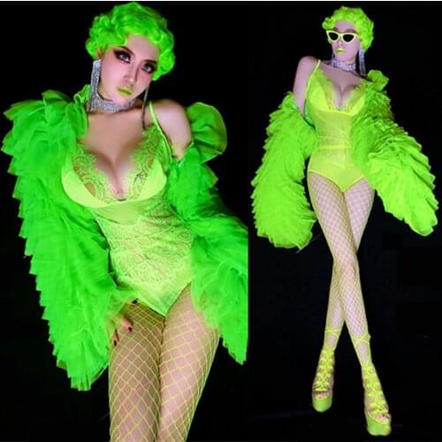 Fluorescent Green Lace Bodysuit Drag Queen Costumes Retro Puff Sleeves Sexy Rave Outfit Nightclub Gogo Dancer Costume DNV15155