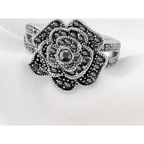 Classic Creative Black Rose Flower Inlaid Crystal Zirconium Silver Color Alloy Female Ring for Women Party Jewelry Accessories