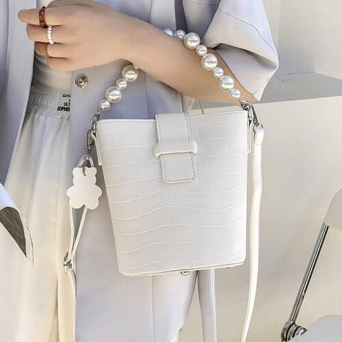 Small Bucket Shoulder Bags for Women 2021 Pearl Tote Crossbody Bag Stone Pattern Ladies Handbags Luxury Pu Leather Messenger Bag