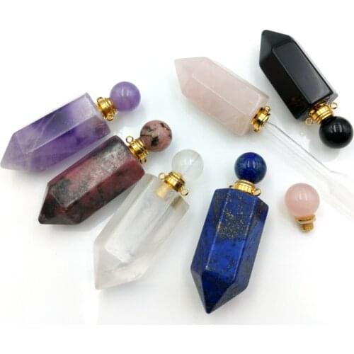 Natural Gems stone Hexagon prism perfume Bottle Pendant Gold Chakra Crystal Quartz essential oils diffuser for Necklace Jewelry