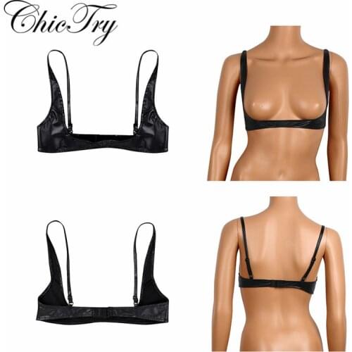 Newest Sexy Women Female Lingerie Underwear Fashion Faux Leather Adjustable Wire-free Open Cup Shelf Bra Exposed Breasts Nipples
