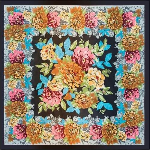 2021 New Silk Scarf Women Ethnic Style Flowers Design Square Bandana Luxury Kerchief Hijab Scarf Female Foulards