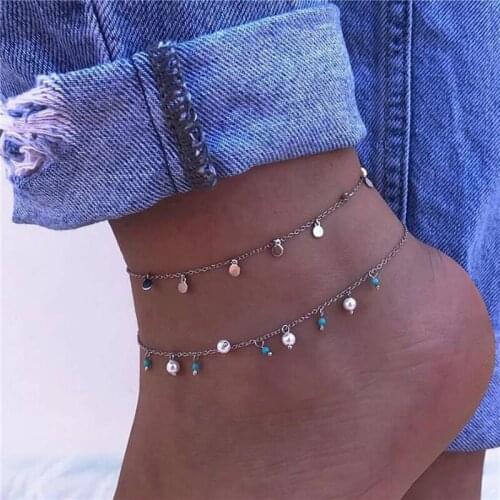 New Weomen Anklet Set Simple Pearl Blue Beads Round Silver Color Anklet Chain Bohemian Ladies Birthday Party Jewelry Gifts