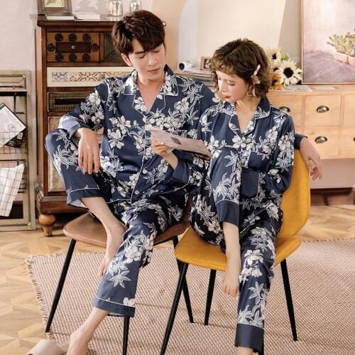 Sleep Lounge Women Thin Pajamas Set Silk Satin Couple Sleepwear Long Sleeve Spring Summer Pyjama Flower Print Pijama Nightsuits