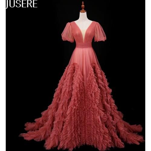 V-neckline ruffle Evening Dress Tulle Party dress with Sweep Train A-line Long dress short puffy sleeves evening gown