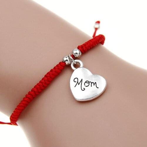 Lucky Red Cord Rope Adjustable Bracelet Charm Love Heart Mom Pendants Bangle Jewelry Mothers Day gift