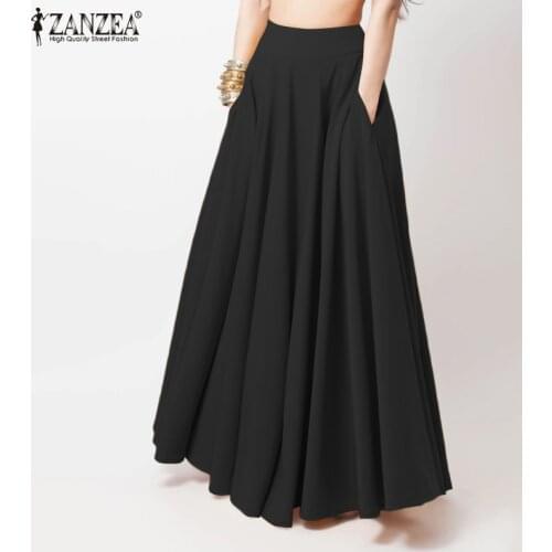 Casual Elegant A-line Party Beach Faldas Saia Women Maxi Long Skirts ZANZEA Spring High Waist Solid Skirts Female Loose Jupe