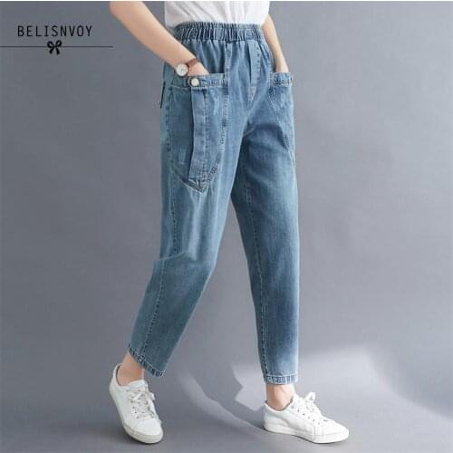 2020 Summer Autumn Female Vintage Loose Cropped Jeans Elastic Waist Cotton Scratched Patchwork Harem Denim Blue Trousers