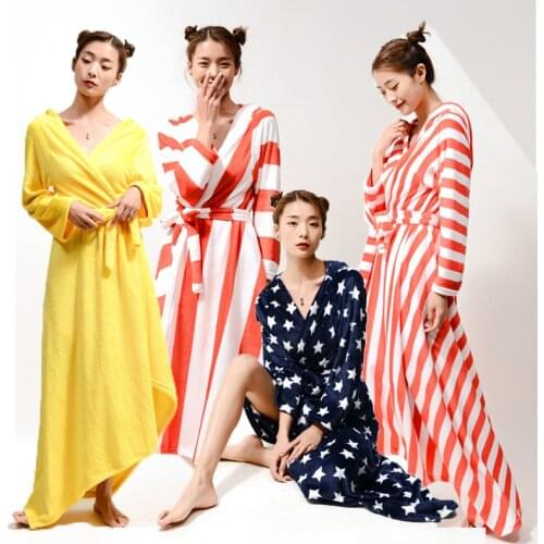 Women Flannel Robes Fluffy Long Winter Warm Striped Bathrobe Yellow Pink Star Pajamas Sleepwear Casual House Robe Dropshipping