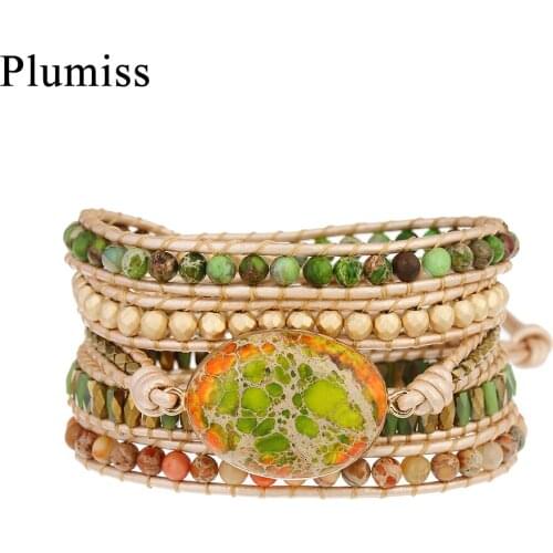 Plumiss Green Orange Oval Imperial Jaspers Wrap Bracelets Luxury Geometric Hematite Crystal Boho Bracelet for Women Jewelry Gift