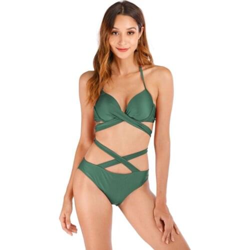 Women cross bikini set bandage bathing suit bandeau swimsuit solid swimwear brazilian maillot de main femme push up monokini
