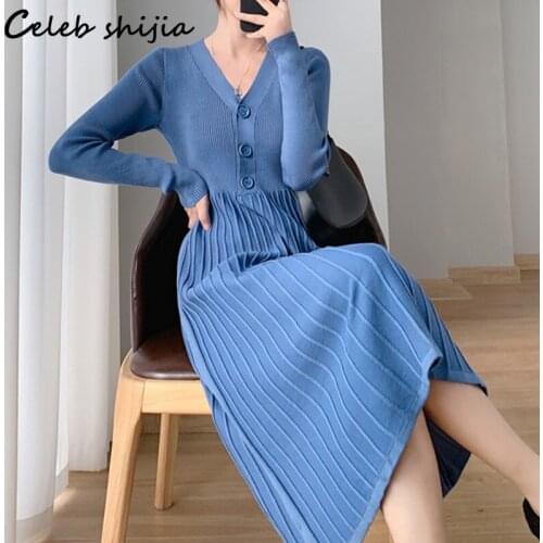 Black V-neck Knitted Dress Woman Single Breasted Autumn Winter Streetwear Long Sweater Dress Female Vestido woolen Pleated Dress