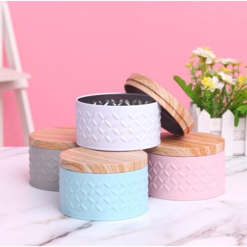 1Pcs Round Empty Iron Box With Wood Grain Lid Candy Storage Box Jewelry Cosmetic Case DIY Candle Making Jar
