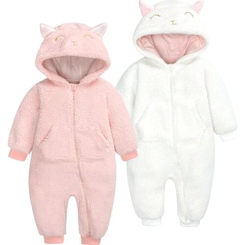 2021 Baby Girls Clothes Autumn And Winter Newborn Rompers 0-12m With Zipper Thickened Long Sleeve Jumpsuits Hooded Cute Infant
