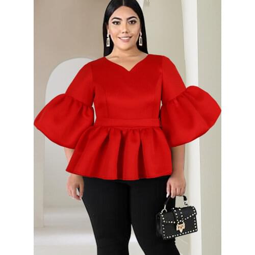 Plus Size Tops Tunic Three Quater Lantern Sleeve High Waist Peplum White Blouse Women 2021 Autumn Fashion Blouses Dropshipping