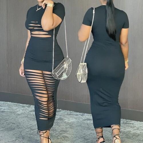 Black Hollow Out Dress Womens Solid Color Sexy Round Neck Short Sleeve Long Skirt Elegant Commuter Tight Summer New 2021