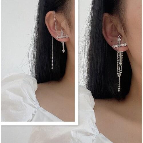 European Style Fashion Vintage Long Chain Crystal Cross Zipper Drop Earrings Cross Drop Earrings Women Party Punk Jewelry Gift