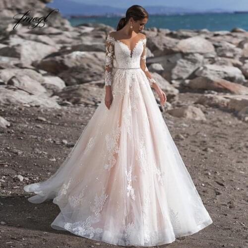 Fmogl Sexy Illusion Long Sleeve Lace A Line Wedding Dresses 2021 Luxury Appliques Sashes Sweep Train Vintage Bridal Gowns