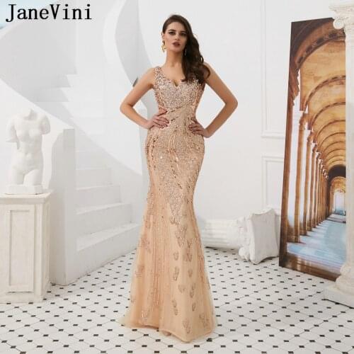 JaneVini Dubai Luxury Long Evening Dresses 2019 Sexy V Neck Robe De Soiree Sparkling Sequined Beaded Formal Mermaid Party Gowns