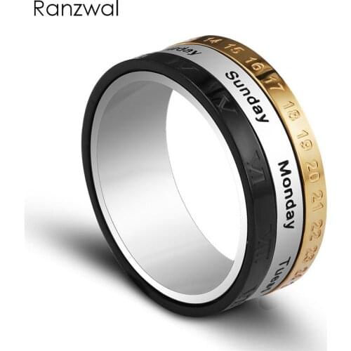 Ranzwal Creative 3 Layers Rotatable Calendar Date Week Time Rings for Men Women Stainless Steel Ring US SIZE 7~12