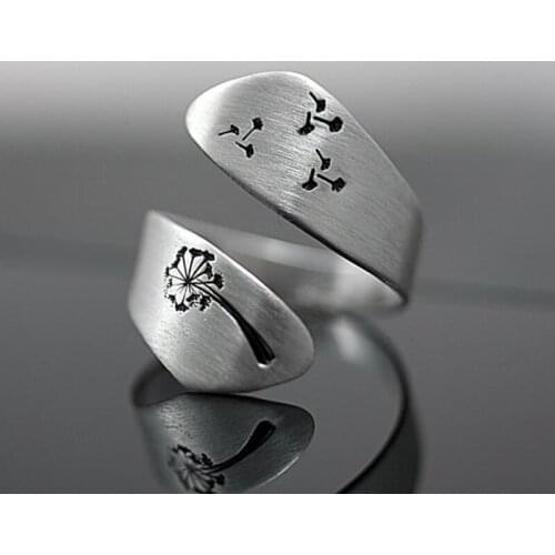 Vintage Antique Silver Color Dandelion Print Ring Open Adjustable Ring for Women Casual Party Birthday Gift New Jewelry
