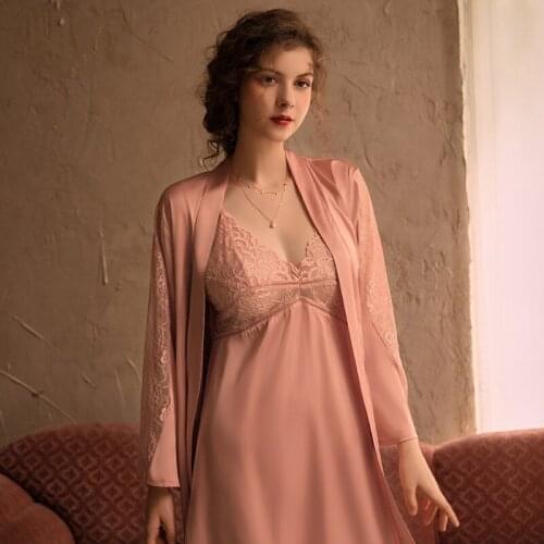 2PCS Set For Women Robe With Pads Sexy Satin Sleepwear Intimate Lingerie Perspective Nightdress Lace Nightgown Home Clothes