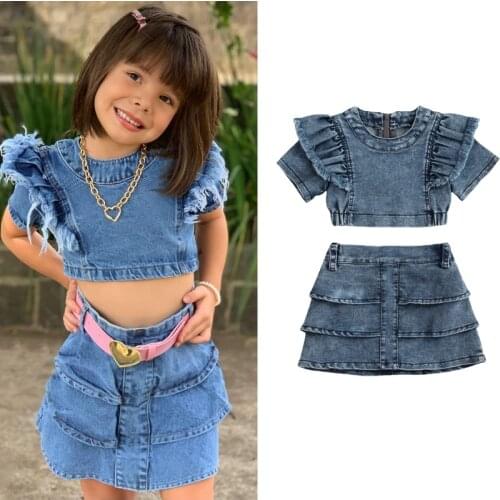 1-6Y Summer Girls Clothing Sets Fashion Denim Suits Solid Ruffle Tops+Denim Skirt 2Pcs Costume Children Clothing Suits