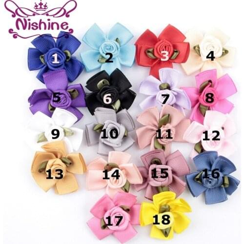 Nishine 30pcs/lot 1.8" Rolled Clover Rose Flowers Artifcial Solid DIY Fabric Ribbon Flowers Headwear Cloth Accessories