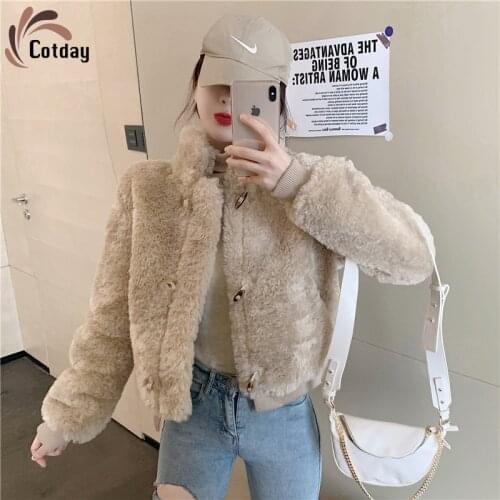 Cotday New Coat Womens Autumn Winter 2020 Small Fragrance Thin Three Grain Horn Button Jacket Loose Short Fur Top Fashion