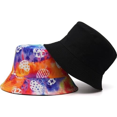Reversible Bucket-Hats Mushroom Print Sunscreen Men Women Panama Hat Cotton Fashion Anti-sun Travel Tie Dye Fisherman Cat