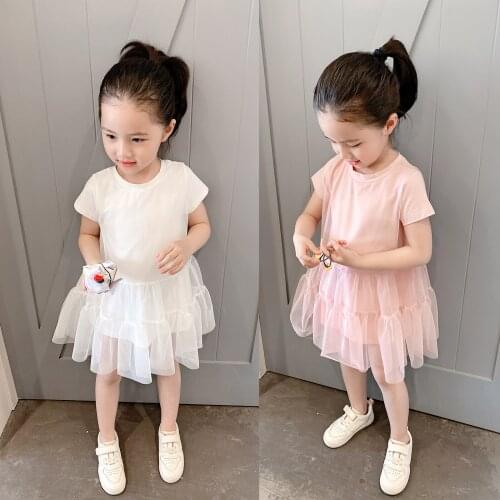 Girls Dress Summer Lace Knee-Length New Fashion Cute Ball Gown Solid Crew Neck Sweet Dress for Teenagers Small Fresh