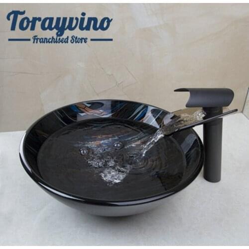 Luxury Round Bathroom Sink Washbasin Glass Hand-painted +black Tap Lavatory Bath Brass Set Faucet,mixers & Taps Countertop Sinks