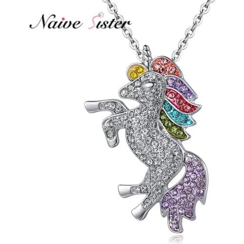 Luxury Crystal Unicorn Pendant Necklace Jewelry Cute Rainbow Horse Silver Plated Necklace for Women Girls Kids Jewely Fashion