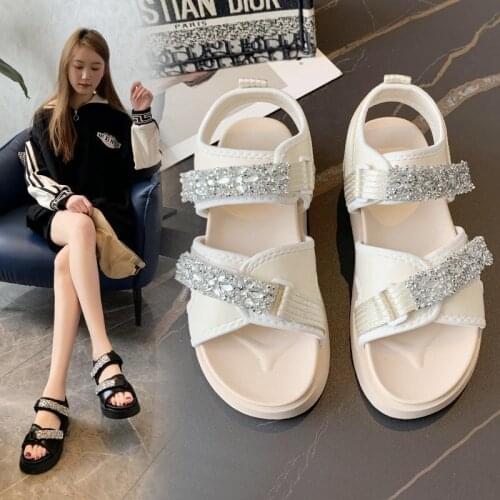 2021 Casual Summer New Style Sandals Fashion Bling Thick bottom Hook & Loop Solid Med (3cm-5cm) Wedges Back Strap High Quality