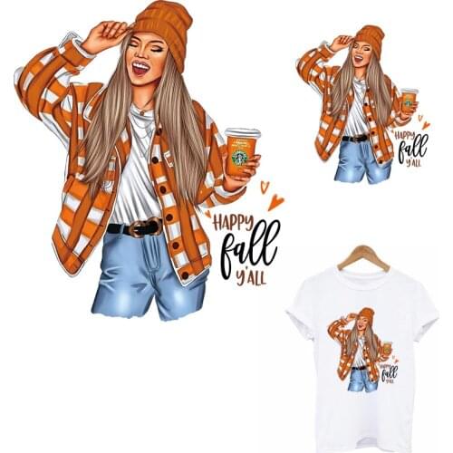 Happy Coffe Girl Thermal Sticker On Clothes DIY Heat Transfer Women T-Shirt Jacket Iron On Patch Fahion Lady Applique Decoration