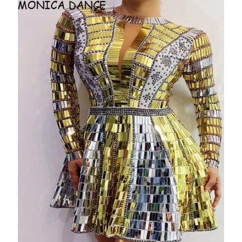Sexy Stage Silver Gold Sequins Rhinestone Backless Short Dress Prom Birthday Celebrate Outfit Bar Women Dancer DS Show Dress