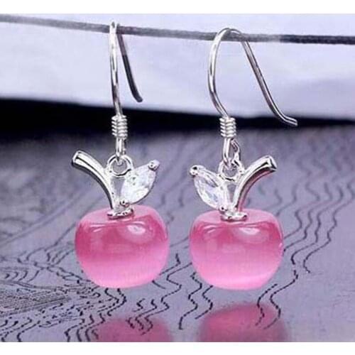Korean Apple Earrings Silver Plated Pink White Opal Apple Drop Earrings For Women Earing Jewelry Earings Fresh Cute Earring A261
