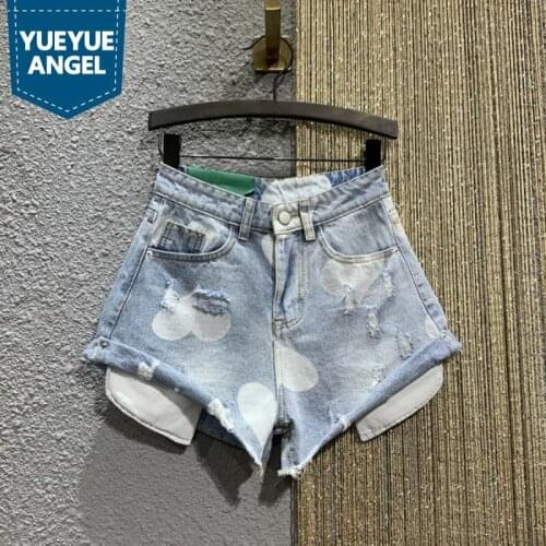 Women Sweet High Waist Loose Shorts Summer New Pockets Print Straight Wide Leg Shorts Designer Pink Tassel Thin Denim Shorts