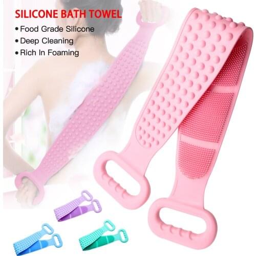 Bath Shower Silicone Body Brush Bath Belt Exfoliating Back Brush Belt Wash Clean 28'' (Blue,Pink,Green,Purple)