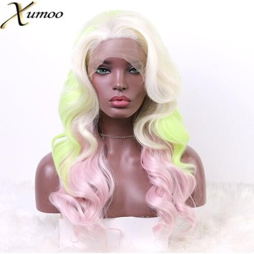 Xumoo Light Yellow Pink Synthetic Lace Front Wig Ombre Loose Wave Wig With Baby Hair Heat Resistant Cosplay Wigs For Women