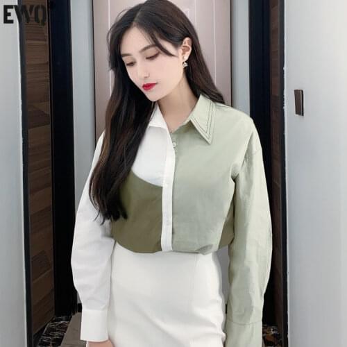 [EWQ] Blouse Lapel Breasted Patchwork Tops 2021 Autumn Plicing Leather Oversized Shirts Women Long Sleeve Asymmetrical Ladies