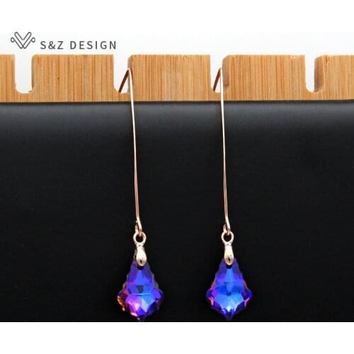 S&Z New Long Colorful Imitation Crystal Water Drop Dangle Earrings Ear Hook 585 Rose Gold For Women Wedding Fashion Party Gift