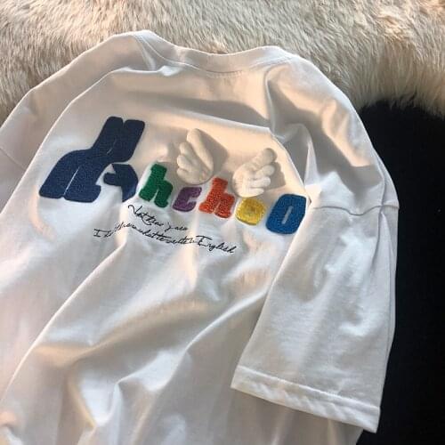 Heavy Industry Embroidery Harajuku Short-sleeved T-shirt Women Loose Shirt Angel Oversized T-shirt Short-sleeved T-shirt Women