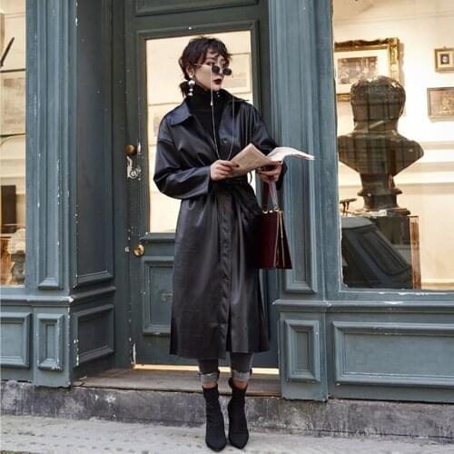 Autumn Women Faux PU leather Windbreaker coat With belt Plus size Long Motorcycle leather coat Casual Chaquetas mujer Streetwear