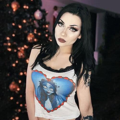 Dark zombie bride print lace top 2021 European and American summer sexy vest