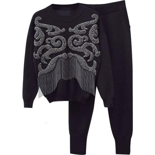 2021 Fashion 2 Piece Set Women Pant And Sweatsuits luxurious Beading tassel Womens Tracksuit Suits Clothing Female Suit