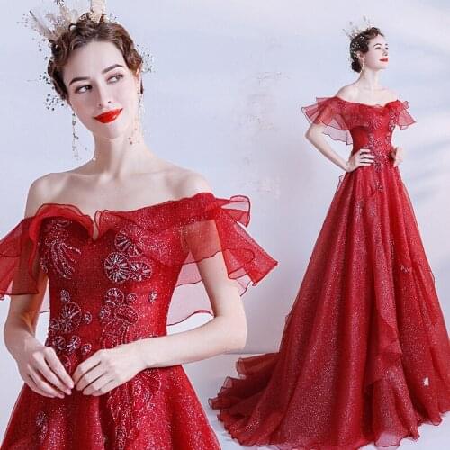 New wine off shoulder ruffle training lady girl princess banquet party prom performance dance ball dress gown free ship sequined