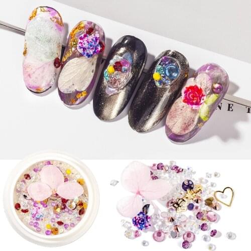 1 Box Mixed 3D Nail Art Rhinestones Shiny Opals Crystal Beads Dried Flower DIY Nail Art Decoration Gems Manicuring Accessories