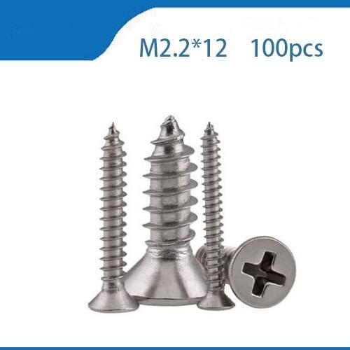Free shipping 100pcs M2.2x12 mm 304 Stainless Steel flat head cross Countersunk head self tapping screwstainless bolts,nails